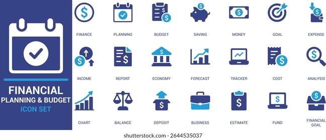 Flat icon set for financial planning, budgeting, income, saving, forecasting, and money management. Ideal for finance, reports, business, apps, and websites.
