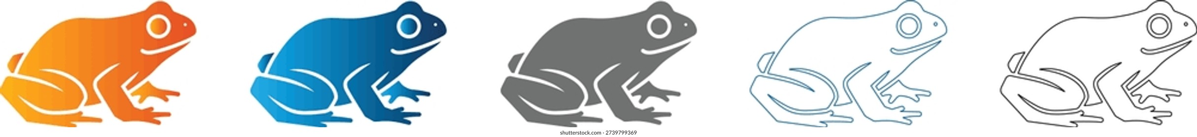 Flat icon set of frogs in various colors and styles, solid black outline, vector, isolated on white background