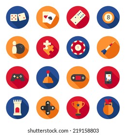 Flat icon set with games, including chess, console and puzzle