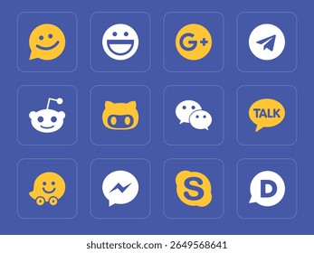 Ícone plano conjunto de mensagens globais e plataformas sociais em negrito paleta azul e amarelo. Inclui Reddit, Skype, Telegram, GitHub, Messenger, KakaoTalk e mais — ideal para interface do usuário e marca.