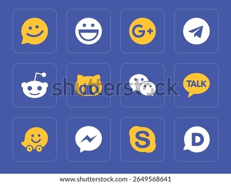 Flat icon set of global messaging and social platforms in bold blue and yellow palette. Includes Reddit, Skype, Telegram, GitHub, Messenger, KakaoTalk, and more — ideal for UI and branding.