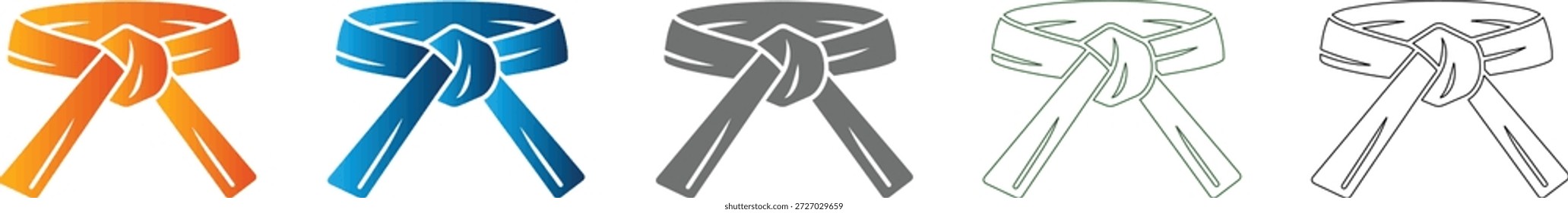 Un gráfico de conjunto de iconos planos con un cinturón de artes marciales atado en un nudo. Ilustración vectorial negra sólida, aislada en el fondo blanco, que representa el logro.