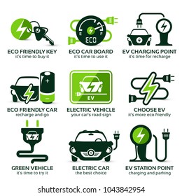 flat icon set for green eco electric car, the drop shadow contains transparencies, eps10