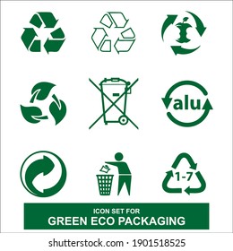 Flat Icon Set For Green Eco Packaging, Vector Illustration And Recycling Icons