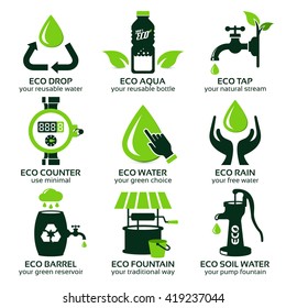 flat icon set for green eco water, the drop shadow contains transparencies, eps10