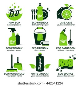 flat icon set for green eco cleaning, the drop shadow contains transparencies, eps10