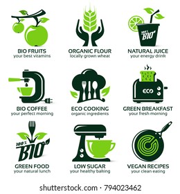 flat icon set for green eco kitchen, the drop shadow contains transparencies, eps10