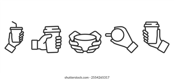 Flat icon set of A hand is holding a coffee cup. Hand holding paper cup with drink icon. Vector illustration of a hand holding a mug of coffee to takeaway in transparent background. Eps10