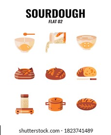 Flat icon set of homemade sourdough bread baking kit and process. icons set2