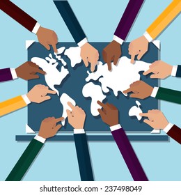 Flat icon set . Human hands to show world Map. Cartoon style. Vector EPS10