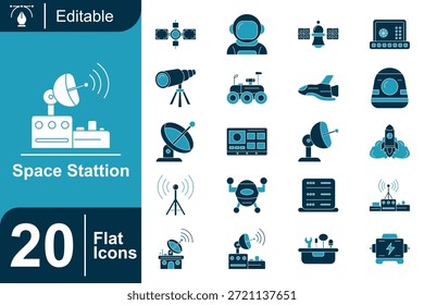 Conjunto de iconos planos que ilustran la estación espacial y los sistemas satelitales con Elementos de tecnología de astronautas, cohetes, antenas y orbitales, ideal para la exploración espacial, la ciencia y el diseño futurista.
