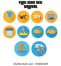 Flat Icon Set With Island, Clouds, Pyramid Shadow For Travel