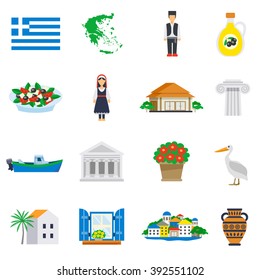 Flat icon set with main characters and typical architecture of Greece isolated vector illustration