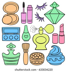 Flat Icon set: make up, beauty and fashion supplies. Vector series of design elements or icons and accessories, relating to personal hygiene, beauty, makeup, cosmetics, hair and face care. 
