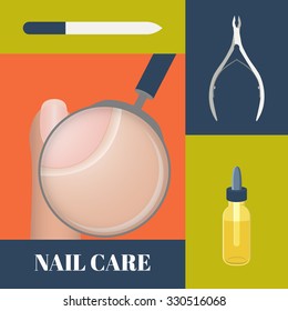 Flat icon set of manicure tools- nippers, a nail file and cuticle essential oil. Pedicure symbols. Health beauty concept. Vector illustration.