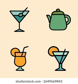 Flat Icon Set of Martini Glass with Olive, Green Teapot, Orange Juice with Straw, and Cocktail with Orange Slice