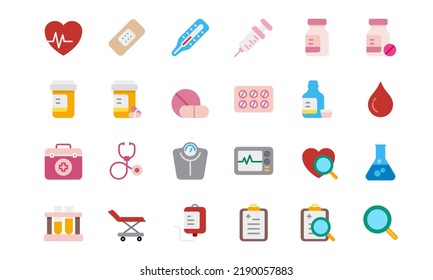 Juego de iconos plano de icono médico. Adecuado para el diseño de elementos de salud, farmacia y medicación. Colección de iconos del vector de vida saludable. 