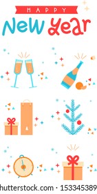 Flat icon set of New Year and Christmas relative objects: inscription Happy New Year, clinking glasses with champagne, clock, gift boxes and paper bag, bottle of sparkling wine, new year tree
