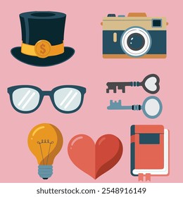 Flat icon set of New Year. Camera, bulb, heart, hat, sunglass, key, planner element.