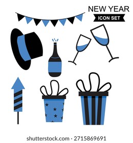 Conjunto de iconos planos para las celebraciones del Año Nuevo con un sombrero de copa, champán, fuegos artificiales, regalos y banderines de fiesta en una elegante paleta de colores azul y negro.