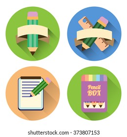 Flat icon set. Paper notebook and pencils.  Vector illustration