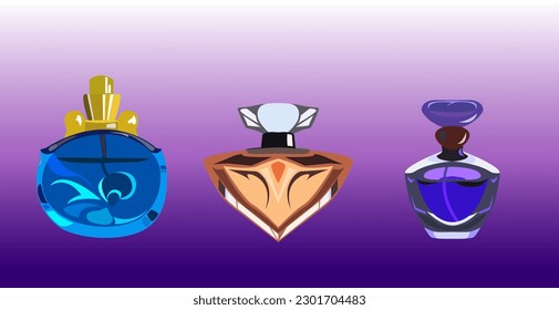 Flaches Icon Set von Parfumflaschen. Duftstoffe von Männern und Frauen in verschiedenen Flaschen
