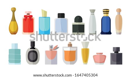 Flat icon set of parfume bottles. Man and women fragrances in various shaped bottles.