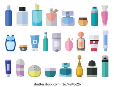 Flat icon set of parfume and cream bottles. Man and women fragrances in various shaped bottles.