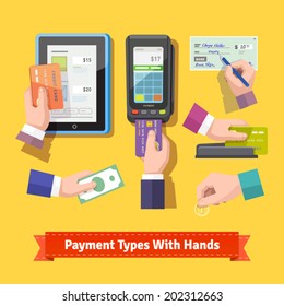 Flat icon set of payment types. Human hands holding credit cards, cash, coins, writing check, paint at POS. EPS 10 vector.