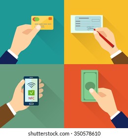 Flat Icon Set Of Payment Types. Hands Holding Credit Cards, Cash, Smartphone, Writing Check. Vector Illustration