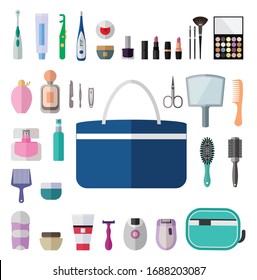 Flat icon set for personal hygiene items for women. Bathroom hygiene set for female.