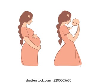 Flat icon set for pregnant women and motherhood. Beautiful pregnant woman, mom hugs a newborn. Vector isolated on white. Pregnancy character, mother's day card.