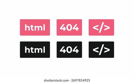 Flat icon set of programming and coding language tags. Includes HTML, 404 error, and code bracket symbols in pink and black. Concept for website, software, and application development icons