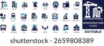 Flat icon set of public infrastructure and city elements. Includes icons for urban planning, smart cities, transport, roads, buildings, energy, and public utilities. Ideal for city apps, planning tool