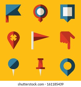 Flat icon set. Push pin map