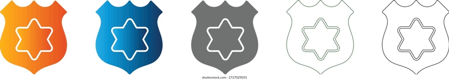 Um conjunto de ícones planos representando um escudo de emblema, símbolo da aplicação da lei e da segurança. Gráfico vetorial preto sólido, isolado em fundo branco, perfeito para qualquer projeto de design.