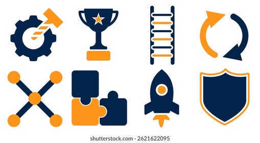 Flaches Symbol für Unternehmenswachstum, Teamarbeit, Innovation, Erfolg und Schutz. Umfasst Ausrüstung, Puzzle, Trophäe, Rakete, Leiter, Netzwerk, Reload und Sicherheitsschild.