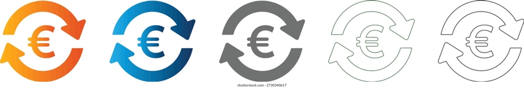 Conjunto de iconos planos que representan el intercambio de divisas del euro con flechas giratorias, aislados sobre un fondo blanco. Este gráfico de Vector es limpio y moderno.