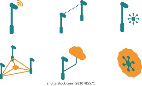 A flat icon set representing smart connected street lamps, including a wifi-enabled lamp post, a lamp with wired connections, a sensor-topped lamp, a networked lamp cluster, a modern branch-style light, and a circular solar badge. Ideal for smart city, IoT infrastructure, and connected lighting technology projects.