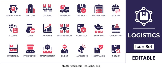 Flat icon set representing supply chain, logistics, delivery, value chain, commerce, distribution, inventory, warehousing, shipping, and manufacturing processes.