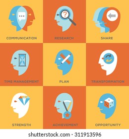 Flat Icon set representing symbols of personal skills, essential for successful education and career. Personal characteristics, experience and success vector pictogram collection.