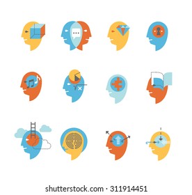 Flat icon set, representing symbols of human mind states. Mental health symbols, personality characteristics and psychological help. 