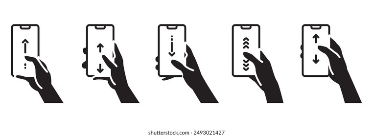 Flat icon set of Scroll down phone. Scrolling screen sign. Swipe page, Finger gesture icon scrolling smartphone screen, flat icon of finger tuching and scrolling phone vector in transparent background