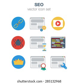 Flat icon set SEO viral marketing digital advertisement campaign page optimization concept. Web click infographics style vector illustration collection. Link exchange video clips page rand HTML coding