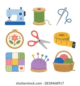 Flat icon set of sewing and craft supplies isolated on white background ideal for handmade hobby tailoring and diy themed projects