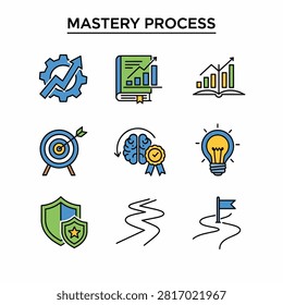 Flat icon set showing brain gears creativity and learning development steps