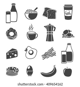 Flat icon set with sillhouettes of common breakfast elements food and dishes vector illustration