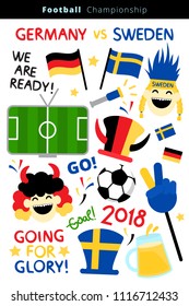 Flat icon set of a soccer vector items, fans faces, attributes, flags of Germany and Sweden and lettering We are ready, Going for glory for Football Championship 