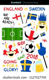 Flat icon set of a soccer vector items, fans faces, attributes, flags of England and Sweden and lettering We are ready, Going for glory for Football Championship 