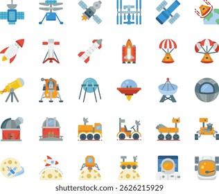 Flat icon set of space exploration elements including rockets, satellites, telescopes, rovers, astronauts, and lunar modules. Ideal for infographics, UI, education, and STEM visuals.